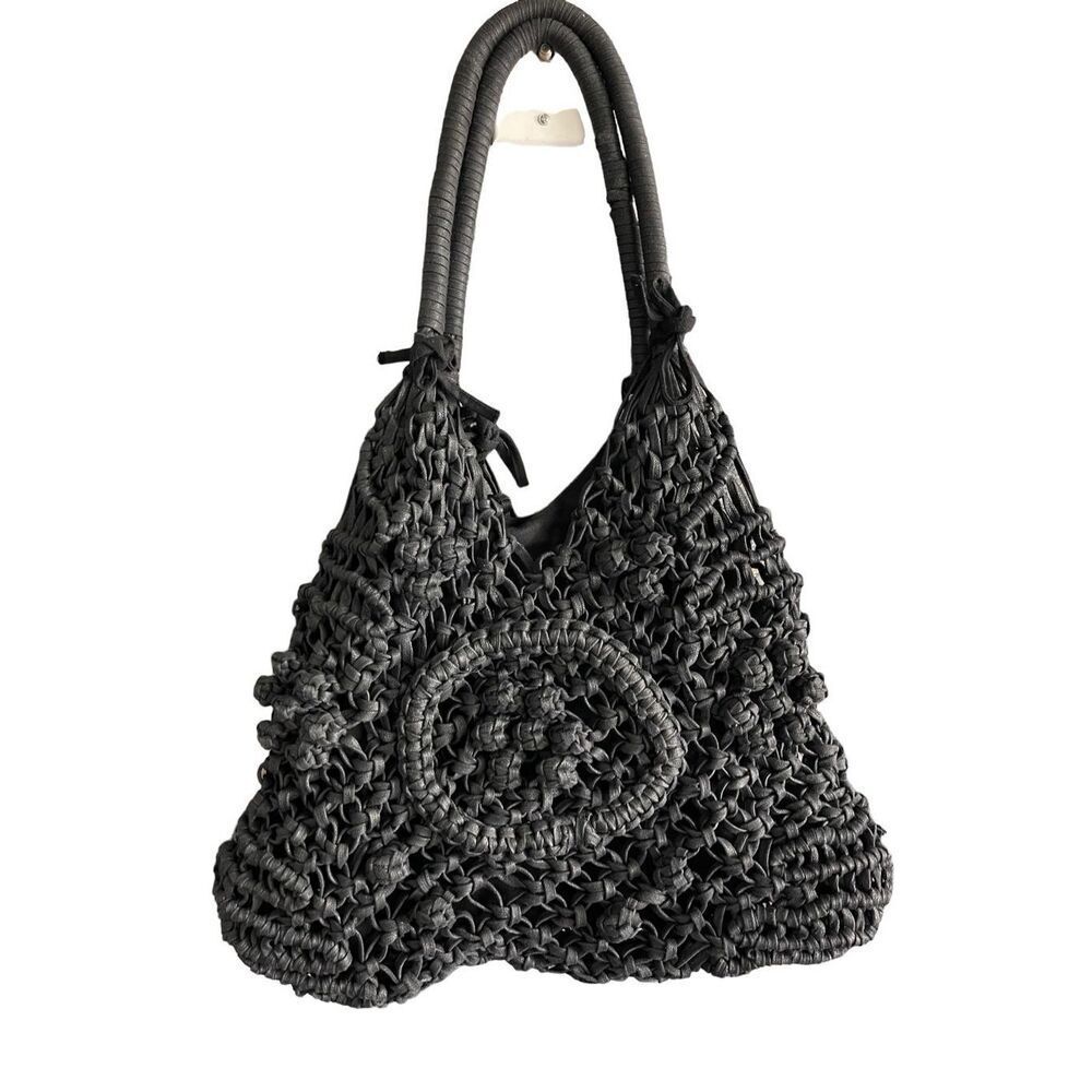 Clever Carriage Company Womens Black Crocheted Positano Hand Macrame Satchel Bag - Picture 2 of 11